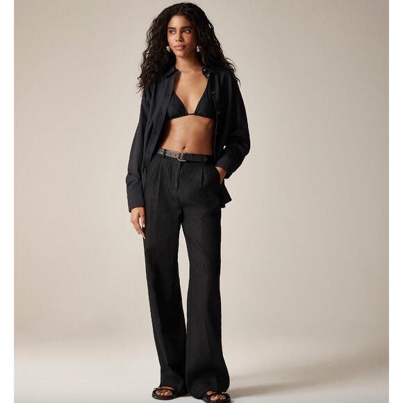 J.Crew Petite Wide Leg Essential Pant Linen High Waist Classic Black US 4 P NWT - Picture 1 of 14